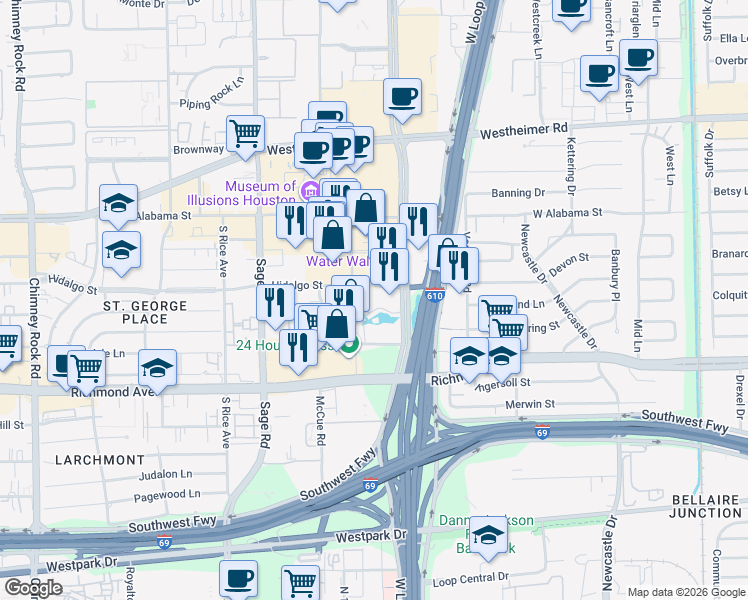 map of restaurants, bars, coffee shops, grocery stores, and more near 3058 Post Oak Boulevard in Houston