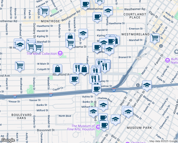 map of restaurants, bars, coffee shops, grocery stores, and more near 4219 Yoakum Boulevard in Houston