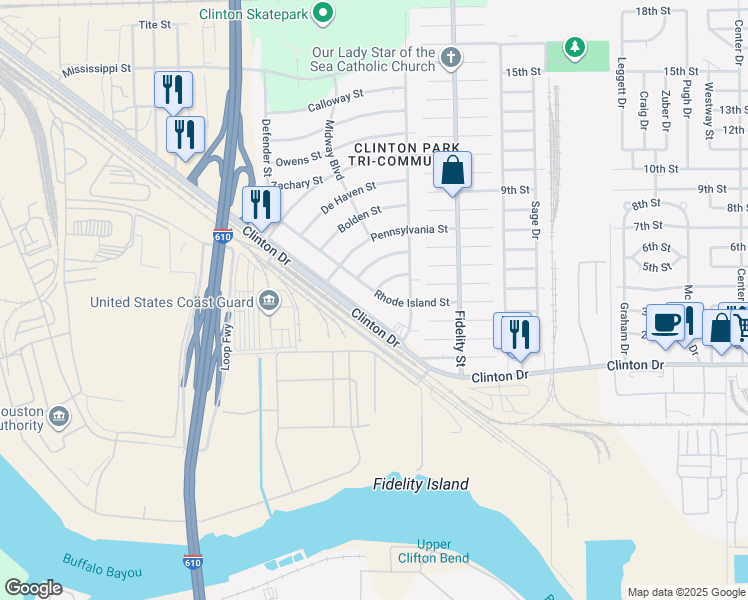 map of restaurants, bars, coffee shops, grocery stores, and more near 9505 Clinton Drive in Houston