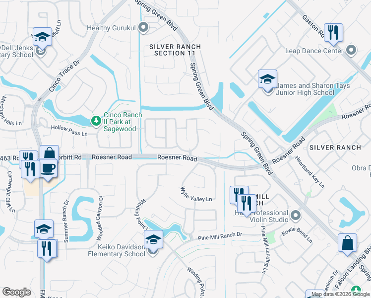 map of restaurants, bars, coffee shops, grocery stores, and more near 3304 Remington Rise Lane in Katy