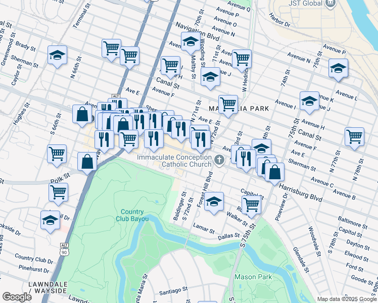map of restaurants, bars, coffee shops, grocery stores, and more near 7118 Harrisburg Boulevard in Houston