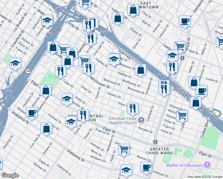 map of restaurants, bars, coffee shops, grocery stores, and more near 3033 Dennis Street in Houston