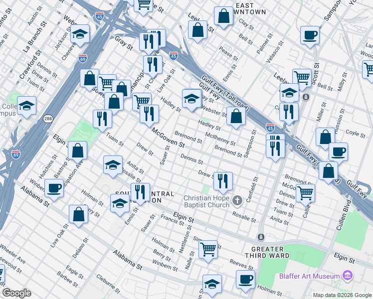 map of restaurants, bars, coffee shops, grocery stores, and more near 3033 Dennis Street in Houston