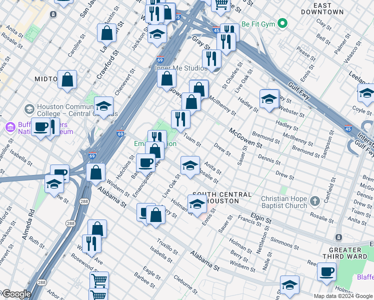 map of restaurants, bars, coffee shops, grocery stores, and more near 3004 Live Oak Street in Houston