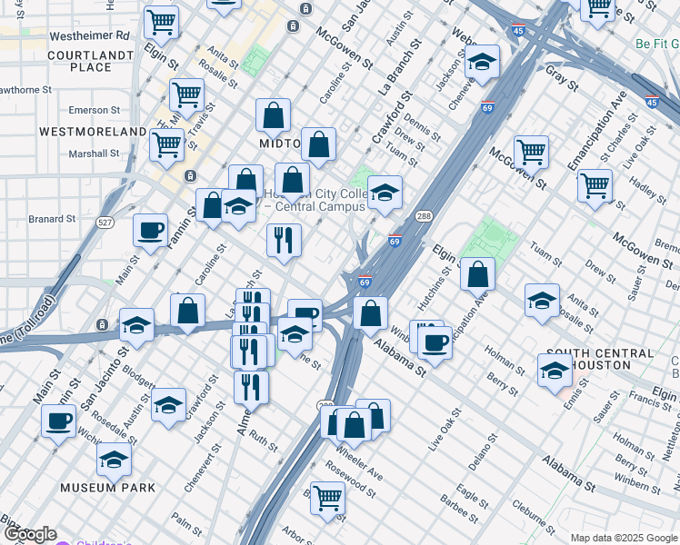 map of restaurants, bars, coffee shops, grocery stores, and more near 3603 Chenevert Street in Houston