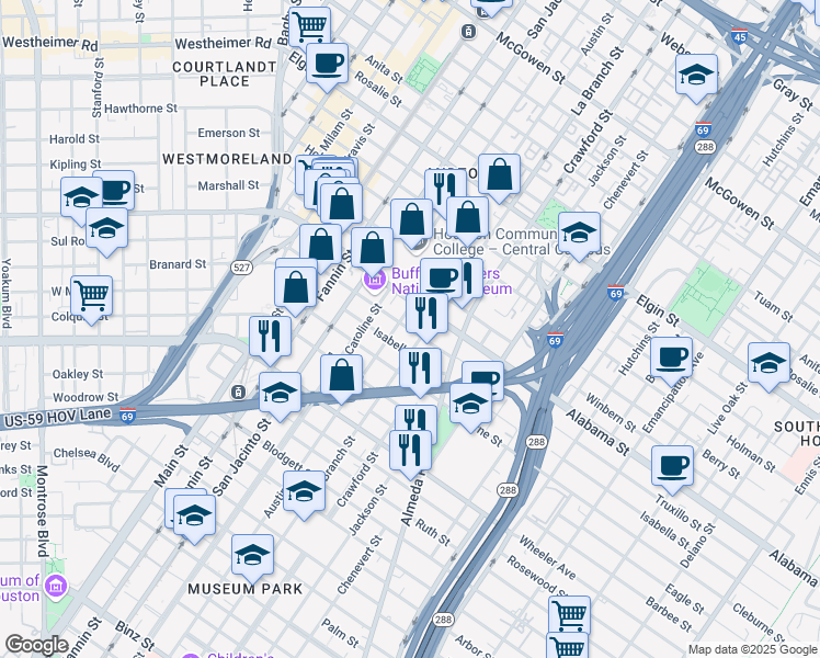 map of restaurants, bars, coffee shops, grocery stores, and more near 3801 La Branch Street in Houston
