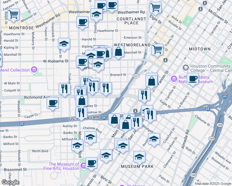 map of restaurants, bars, coffee shops, grocery stores, and more near 511 Richmond Avenue in Houston
