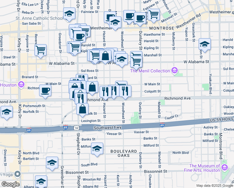 map of restaurants, bars, coffee shops, grocery stores, and more near 1836 Richmond Avenue in Houston