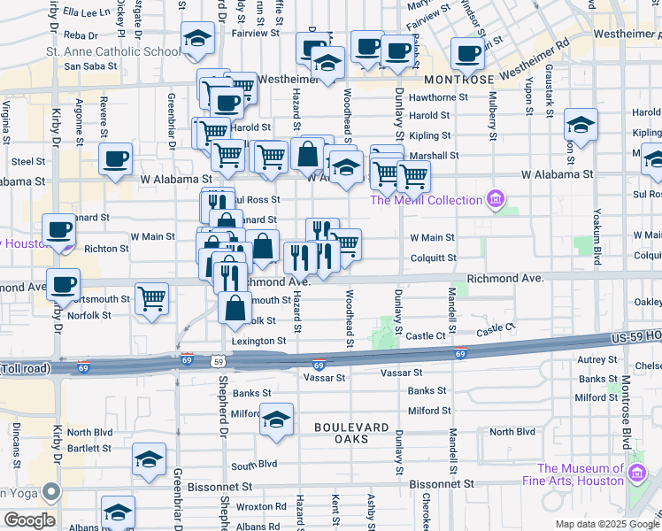 map of restaurants, bars, coffee shops, grocery stores, and more near 1836 Richmond Avenue in Houston