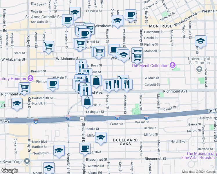 map of restaurants, bars, coffee shops, grocery stores, and more near 1908 Richmond Avenue in Houston