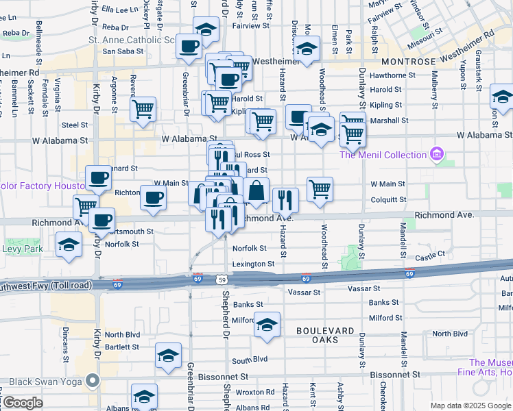 map of restaurants, bars, coffee shops, grocery stores, and more near 2024 Richmond Avenue in Houston