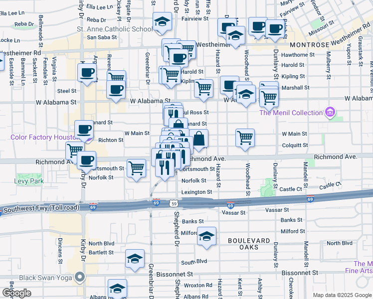 map of restaurants, bars, coffee shops, grocery stores, and more near in Houston