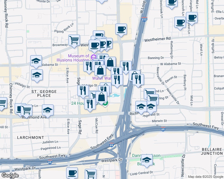 map of restaurants, bars, coffee shops, grocery stores, and more near 3058 Post Oak Boulevard in Houston