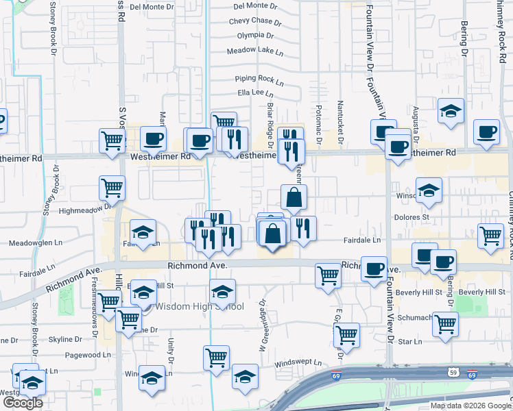 map of restaurants, bars, coffee shops, grocery stores, and more near 2900 Briarhurst Drive in Houston