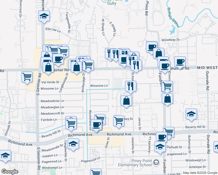 map of restaurants, bars, coffee shops, grocery stores, and more near 9310 Highmeadow Drive in Houston