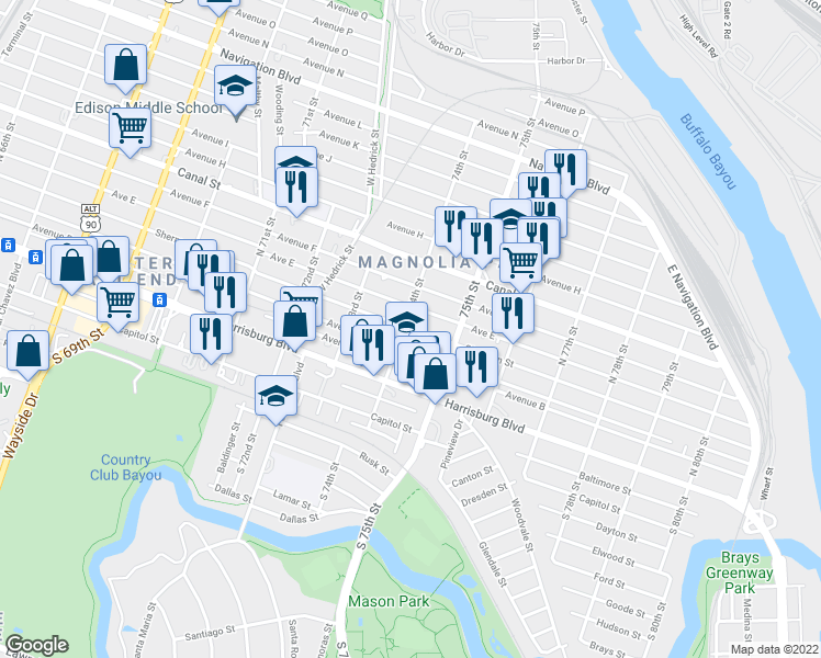 map of restaurants, bars, coffee shops, grocery stores, and more near 7412 Sherman Street in Houston