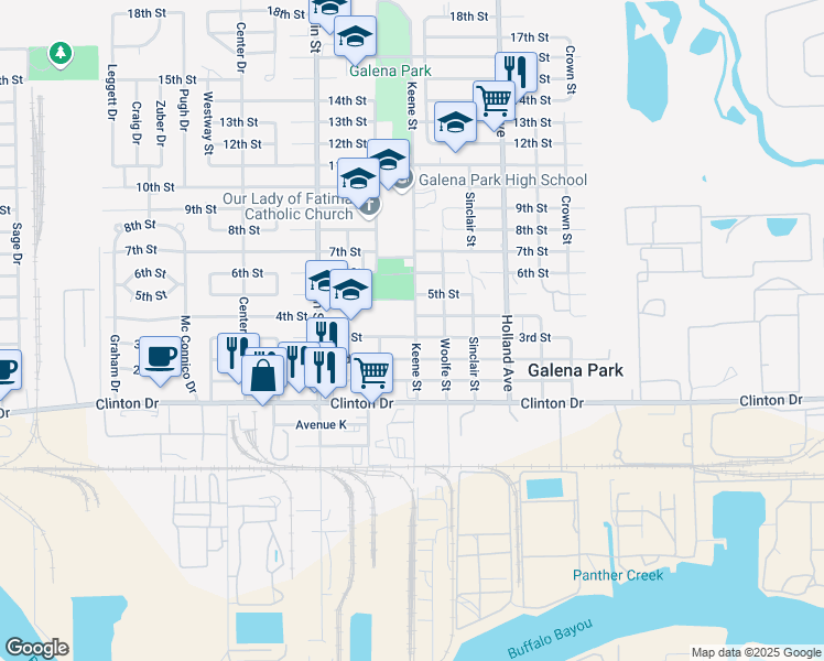 map of restaurants, bars, coffee shops, grocery stores, and more near 400 Keene Street in Galena Park