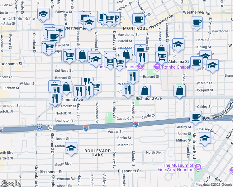 map of restaurants, bars, coffee shops, grocery stores, and more near 1650 Richmond Avenue in Houston