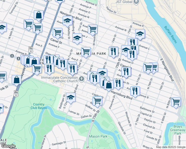 map of restaurants, bars, coffee shops, grocery stores, and more near 7311 Avenue C in Houston