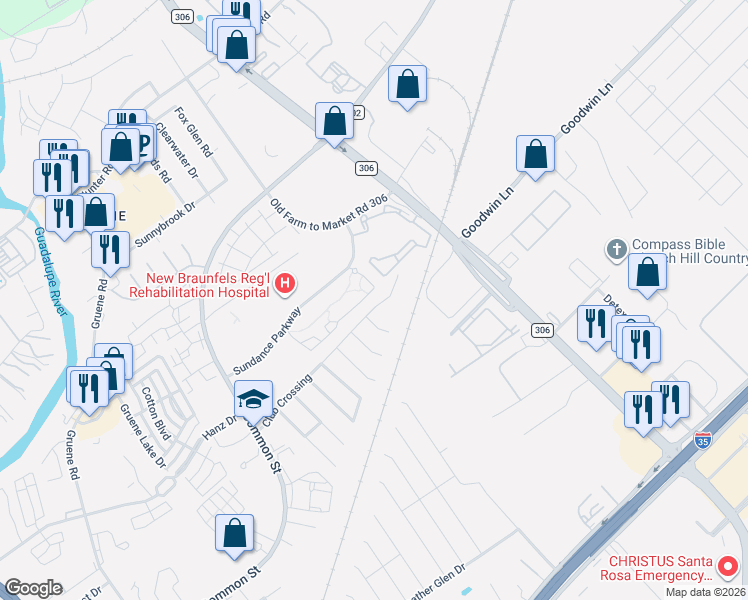 map of restaurants, bars, coffee shops, grocery stores, and more near 2052 Club Crossing in New Braunfels