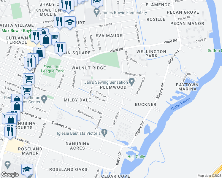 map of restaurants, bars, coffee shops, grocery stores, and more near 1209 Dwinnell Street in Baytown