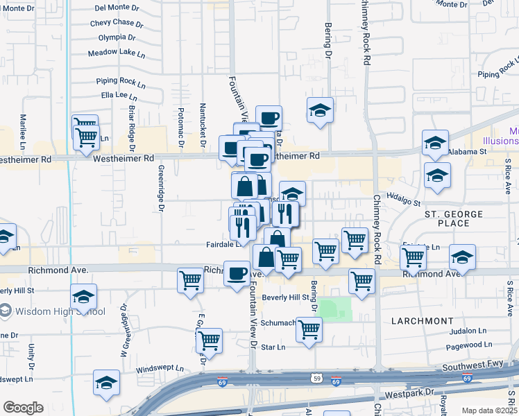map of restaurants, bars, coffee shops, grocery stores, and more near 2929 Fountain View Drive in Houston