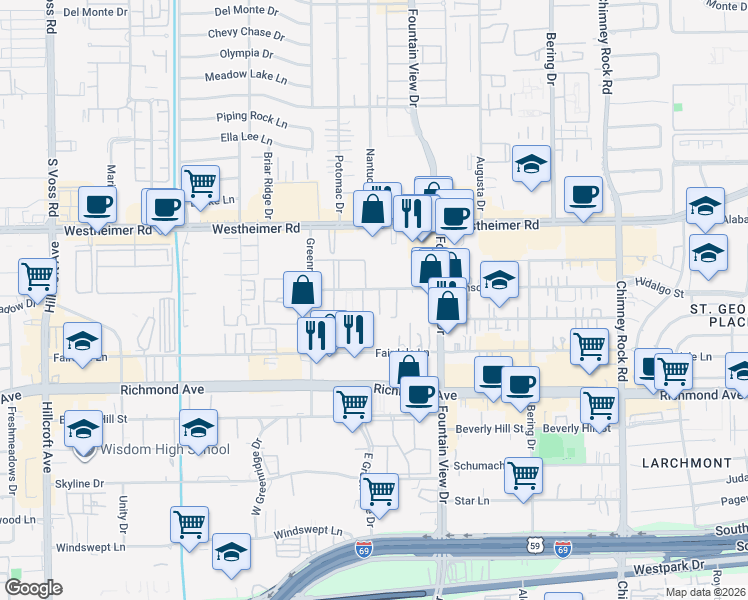map of restaurants, bars, coffee shops, grocery stores, and more near 6041 Winsome Lane in Houston