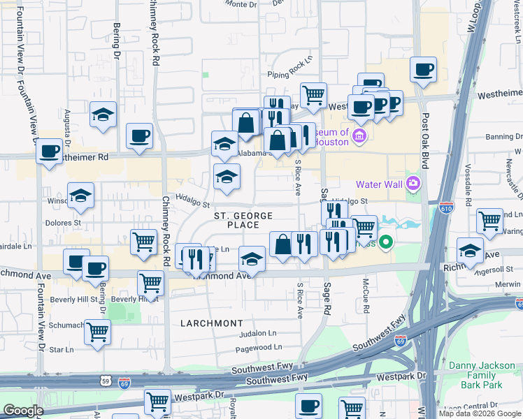 map of restaurants, bars, coffee shops, grocery stores, and more near 5342 Navarro Street in Houston