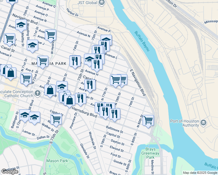 map of restaurants, bars, coffee shops, grocery stores, and more near 7717 Avenue F in Houston