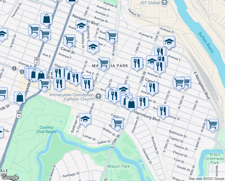 map of restaurants, bars, coffee shops, grocery stores, and more near 7311 Avenue C in Houston
