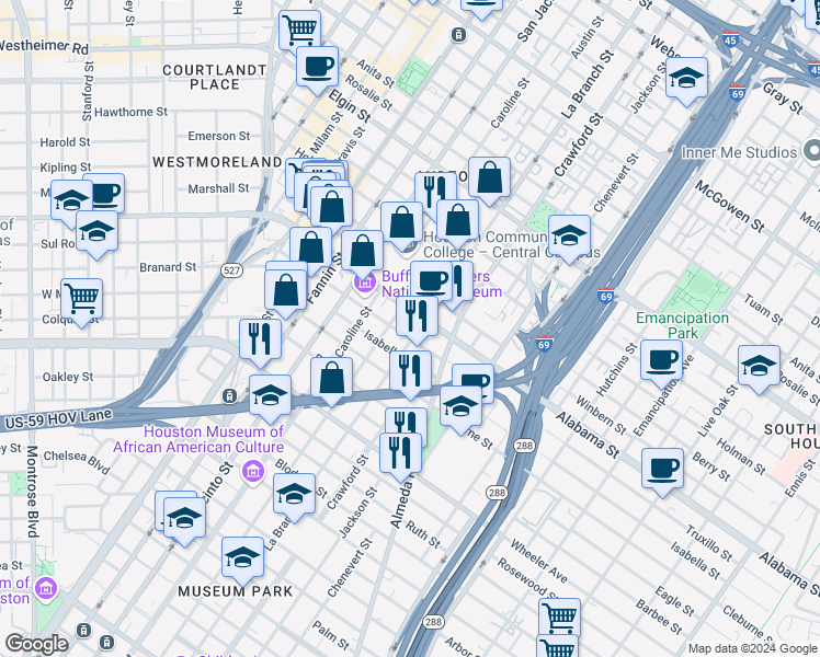 map of restaurants, bars, coffee shops, grocery stores, and more near 3801 La Branch Street in Houston