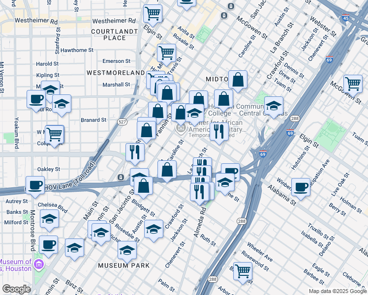 map of restaurants, bars, coffee shops, grocery stores, and more near 4001 Austin Street in Houston