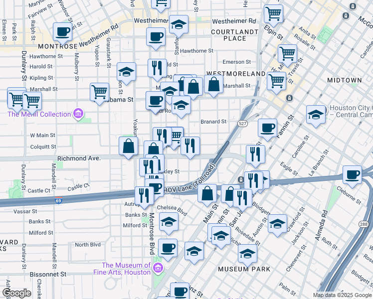 map of restaurants, bars, coffee shops, grocery stores, and more near 702 Richmond Avenue in Houston