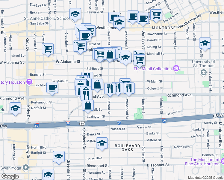 map of restaurants, bars, coffee shops, grocery stores, and more near 1836 Richmond Avenue in Houston