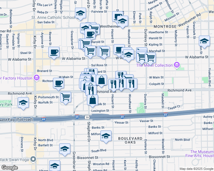 map of restaurants, bars, coffee shops, grocery stores, and more near 1908 Richmond Avenue in Houston