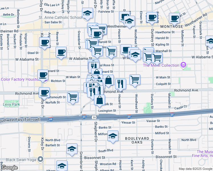 map of restaurants, bars, coffee shops, grocery stores, and more near 2024 Richmond Avenue in Houston