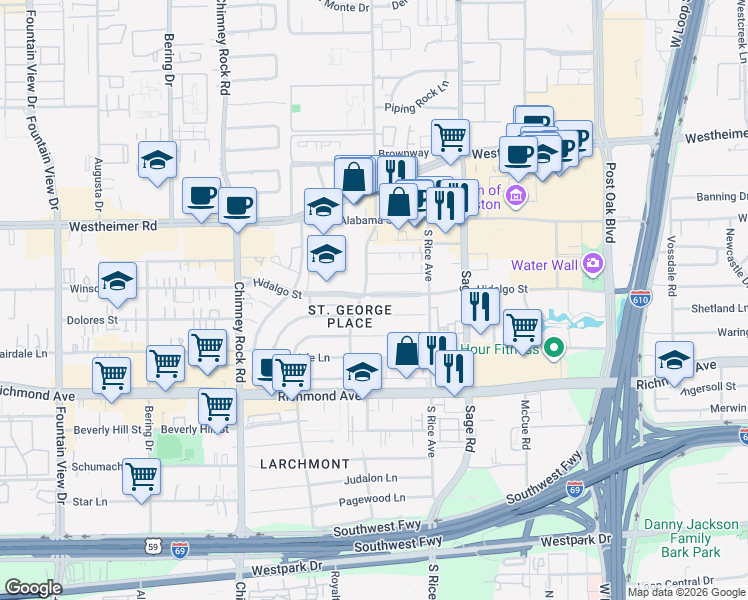 map of restaurants, bars, coffee shops, grocery stores, and more near 5342 Navarro Street in Houston