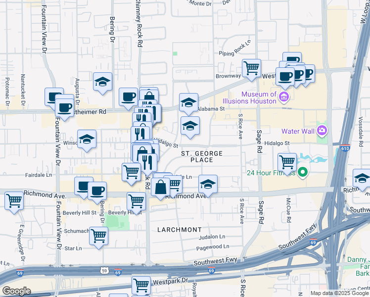map of restaurants, bars, coffee shops, grocery stores, and more near 5502 Navarro Street in Houston