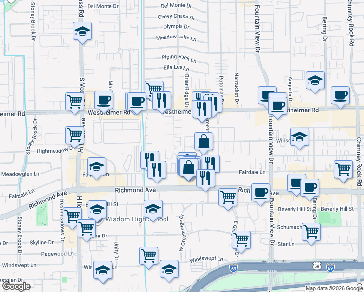 map of restaurants, bars, coffee shops, grocery stores, and more near 3000 Greenridge Drive in Houston
