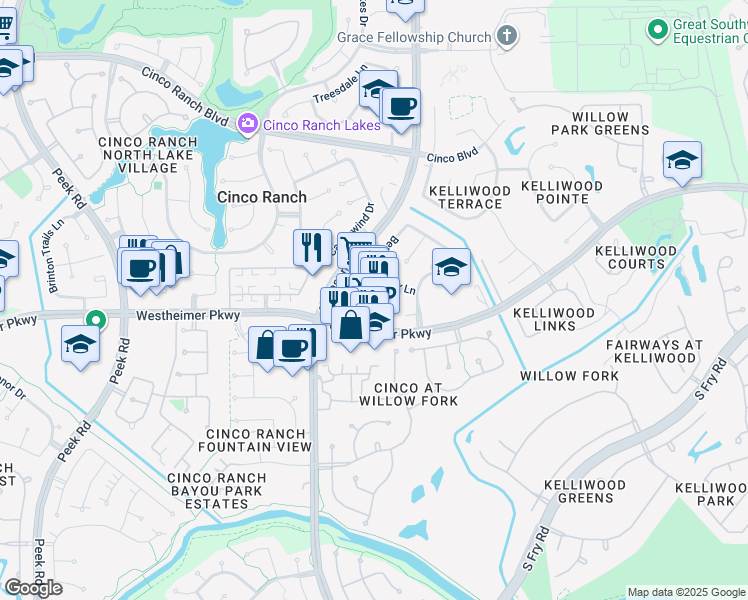 map of restaurants, bars, coffee shops, grocery stores, and more near 22026 Westheimer Parkway in Katy