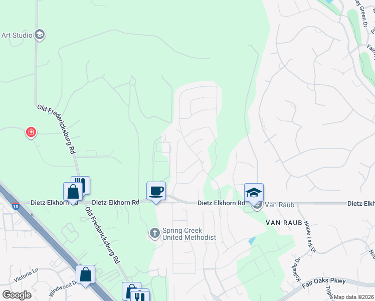 map of restaurants, bars, coffee shops, grocery stores, and more near 29519 Elkhorn Ridge in Boerne