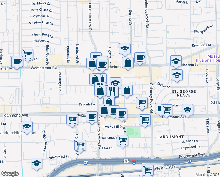 map of restaurants, bars, coffee shops, grocery stores, and more near 5904 Dolores Street in Houston