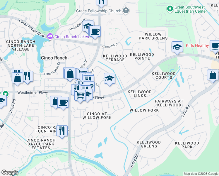 map of restaurants, bars, coffee shops, grocery stores, and more near 21800 Westheimer Parkway in Katy