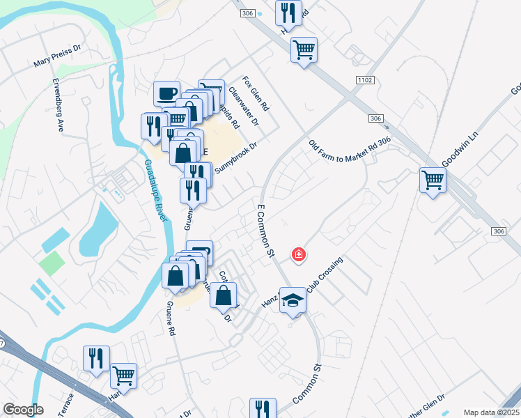 map of restaurants, bars, coffee shops, grocery stores, and more near 2046 East Common Street in New Braunfels