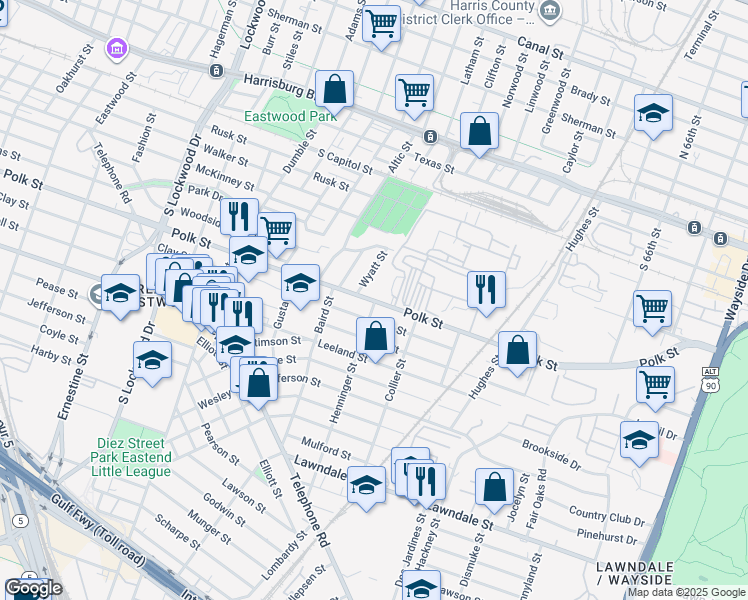 map of restaurants, bars, coffee shops, grocery stores, and more near 5201 Polk Street in Houston