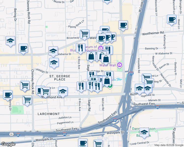 map of restaurants, bars, coffee shops, grocery stores, and more near 3201 Sage Road in Houston