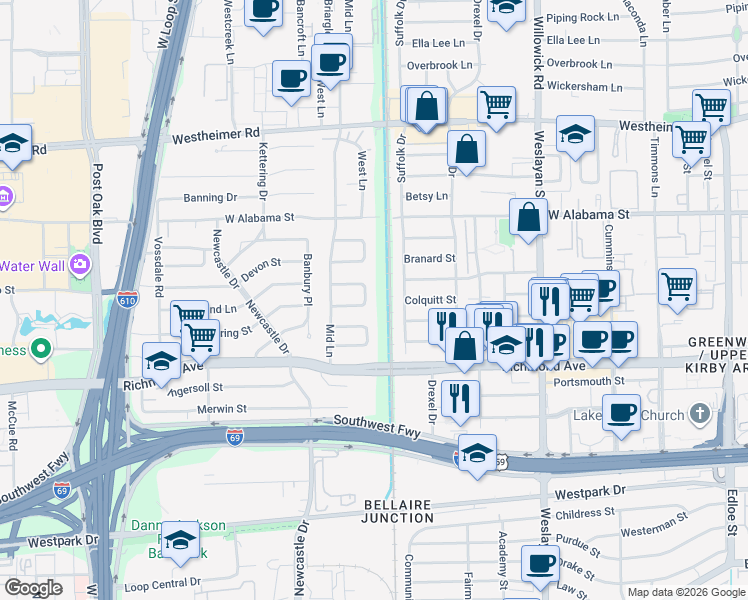 map of restaurants, bars, coffee shops, grocery stores, and more near 3504 Suffolk Drive in Houston