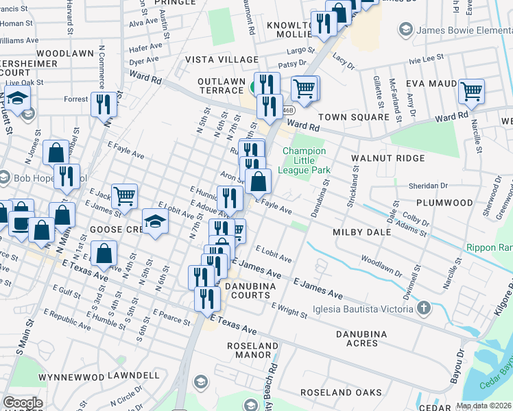 map of restaurants, bars, coffee shops, grocery stores, and more near 800 North Alexander Drive in Baytown