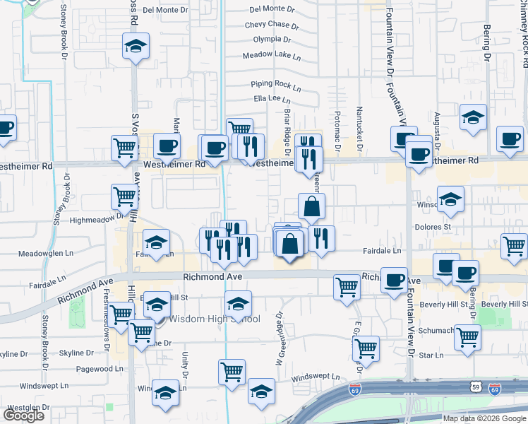 map of restaurants, bars, coffee shops, grocery stores, and more near 2900 Briarhurst Drive in Houston