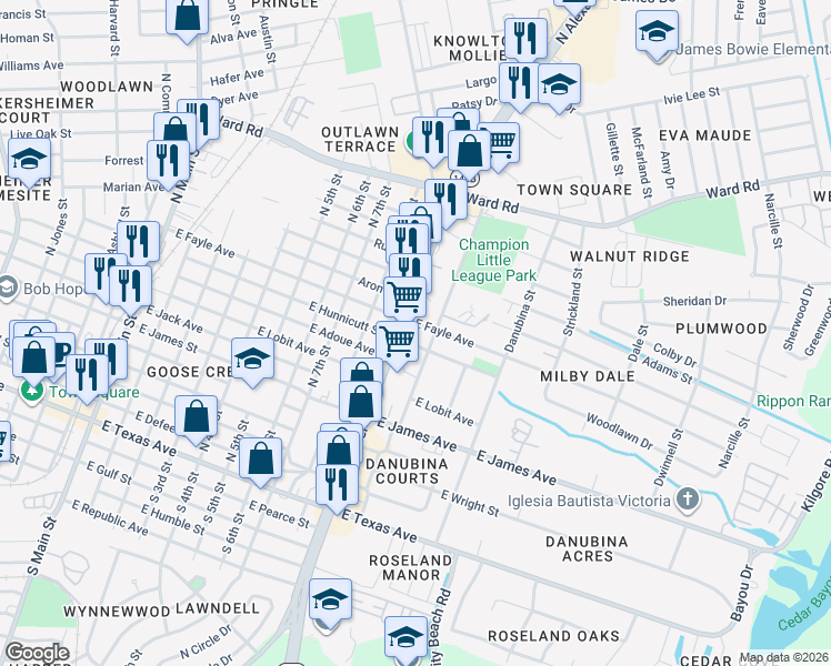 map of restaurants, bars, coffee shops, grocery stores, and more near 800 North Alexander Drive in Baytown